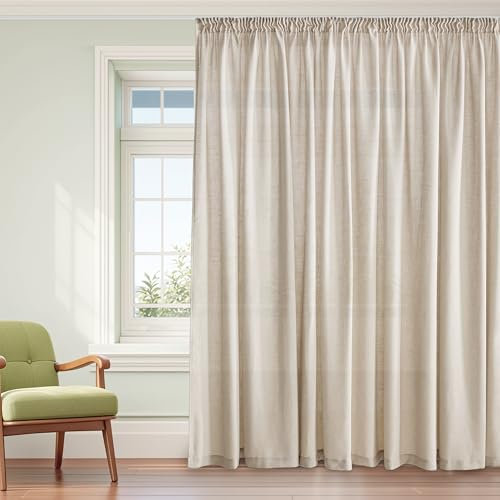 PONY DANCE Extra Breite Vorhang Leinen Kräuselband 1er Set H 245 x B 300 cm Wohnzimmer Gardinen für Schienensystem Leinengardine Halbtransparent Boho Style Curtains, Natur