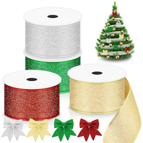 Glarks 4 rouleaux 5cm x 10m ruban métallique scintillant à bords métalliques, rouge/vert/argent/or ruban d'emballage en tissu scintillant métallique pour décoration d'arbre de Noël