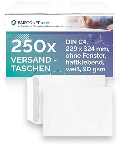 Fairtoner Versandtasche C4 (250 Stück Umschläge) Haftklebende Versandtaschen weiß 90gsm, mit Innendruck,ohne Fenster