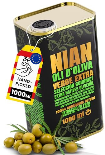 NIAN® extra natives Olivenöl 1 Liter Kanister [DAS OLIVENÖL DER STERNEKÖCHE] – 100% reinsortig, Arbequina Oliven der neuesten Ernte – Nachfüllkanister mit praktischem Ausgießer