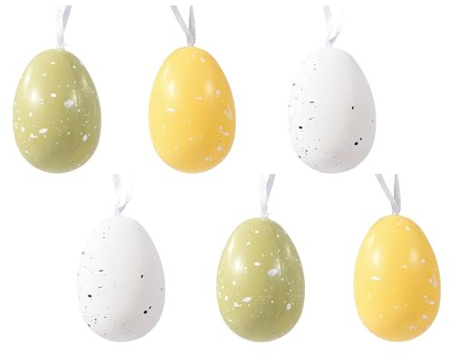 Ostereier zum Aufhängen 6x9cm gesprenkelt 6er Set - Plastikeier mit Aufhänger - Kunststoff Deko Eier für Ostern Frühling - Kunststoffeier Osterdeko Hängedeko Frühlingsdeko bruchfest - Weiß Gelb Grün