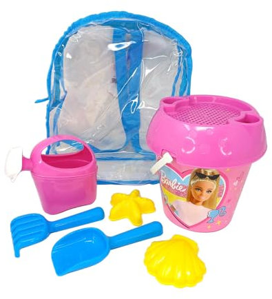 ODS - Sunday - Barbie Zainetto con Set Mare: Secchiello Ø 18 cm, Setaccio, 2 Formine, Innaffiatoio, Paletta e Rastrello 25 cm, Gioco da Spiaggia per Bambini