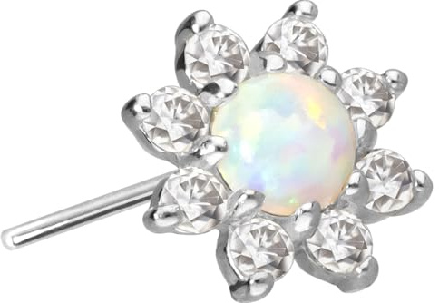 PIERCINGLINE 14 Karat Gold Piercing Aufsatz mit Titan Push Pin OHNE Labret Stecker MOISSANIT-BLUME + SYNTHETISCHER OPAL