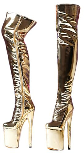 Ichlovdu Stivali sopra il ginocchio da donna con tacco alto, effetto pelle laccata, plateau 9,5 cm, tacco a spillo 20 cm, con cerniera laterale, gold, 37 EU