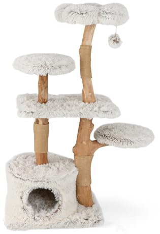 SOARS Kratzbaum Holz, Katzenbaum mit 2 natürlichen Birnbaumstämmen, Sitzplattform & Plüschflächen, Spielball, Katzenkratzbaum mit Juteseil, Katzenmöbel, Kletterbaum mehrstöckig, 45 x 60 x 135cm