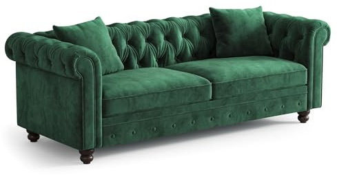 ONBRILL 82 Inch Chesterfield Sofa, 23 Inch Deep Seat Velvet Couch for Living Room, Button Tufted Couch with Rolled Arms, 2 Throw Pillows, Comfy Vintage Loveseat Sofa for Apartment, Green