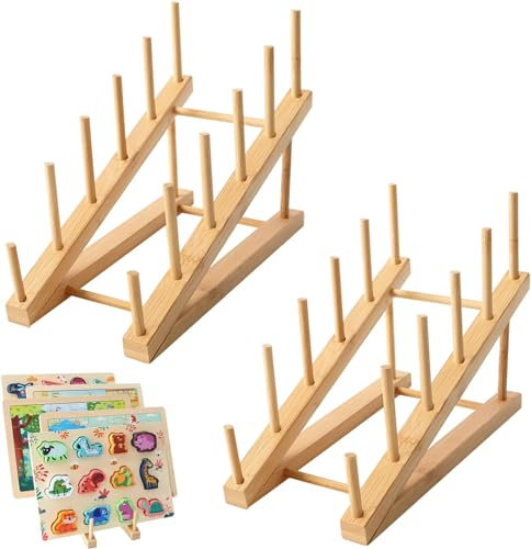 GIKIMO Wooden Puzzle Storage Rack - 2 Pack Puzzle Organizer Puzzle Holder Rack for Kids & Adults | Durable Natural Wood | Large Capacity Puzzle Holder