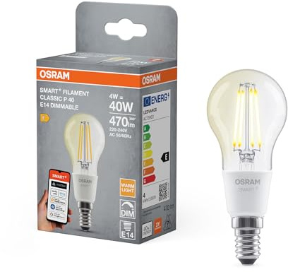 Osram SMART+ LED-Lampe, P40, 4W, 2700K, E14, Kerzenform, Filament, klar, dimmbar, steuerbar mit App oder per Sprache, Matter-fähig