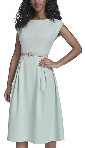 Tommy Hilfiger Damen-Midikleid mit Flügelärmeln, Rundhalsausschnitt, Scuba-Krepp, Gürtel