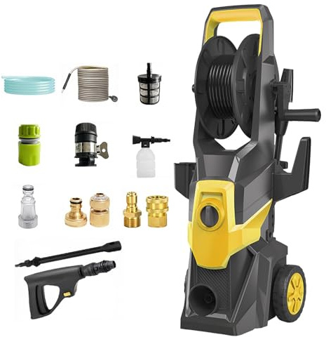 Hochdruckreiniger 150bar, Flächenreiniger mit 5 Düsen, Schaumbehälter, Wasserfilter, 10m Hochdruckschlauch, Pistole, Durchflussrate 490 l/h für Terrasse, Auto, Garten (Yellow)