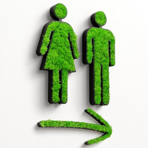MOOSWERK Moos WC Türschild Set mit Pfeil | Modernes Toilettenschild für Gäste-WC, Badezimmer & barrierefreie Toiletten | Natürliches Moosbild Deko-Schild für Tür oder Wand Schwarz