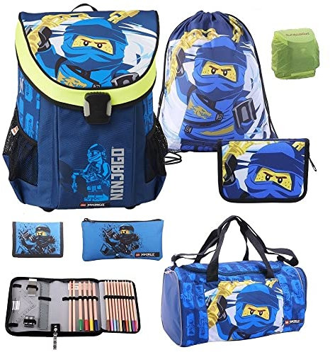 LEGO Ninjago Schulranzen Set 7tlg. Easy School Bag mit Federmappe gefüllt, Turnbeutel, Regenschutz und großer Sporttasche Blauer Ninja Jay