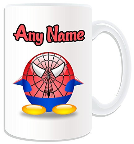 Regalo personalizado – Taza grande de hombre araña (tema de diseño de personaje de película de pingüinos, color blanco) – cualquier nombre/mensaje en su único – Disfraz de superhéroe Marvel Comics