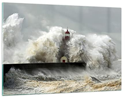 Wandbilder Dekoration Wohnzimmer Leuchtturm Ozean Sturm Bilder auf Glas 120x80cm Glasbild Schlafzimmer Küche Deko Wand Kunstdruck Art Groß XXL Wanddeko Bild im Glas Modern Wall Decor GAA120x80-2442