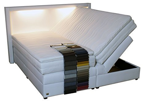 PAARA Boxspringbett mit LED Bettkasten Antirutsch-Matten Belüftungssystem Taschenfederkern Matratze Kaltschaum Topper Komplettset 90 x 200 cm - Jedes Bett EIN Unikat - Made in Germany