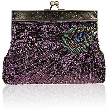 YYW Vintage Clutch Pailletten Blaugrün Pfau Ausgefallene Antik Perlen Pailletten Abend Handtasche Damen Mode Designer Elegante Geldbörse, violett, Einheitsgröße