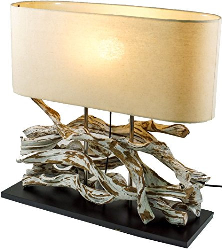 GURU SHOP Tischlampe/Tischleuchte, Handgefertigtes Unikat aus Naturmaterial, Holz, Baumwolle - Modell Marimbula, 46x50x16 cm