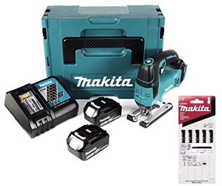 Makita DJV 182 RTJ Scie sauteuse sans fil 18V Brushless 26mm + Coffret Makpac + 2x Batteries BL1850B 5,0 Ah + Chargeur DC18RC + 5 Pièces Lames de scie Makita L-2 pour Bois (A-86309)