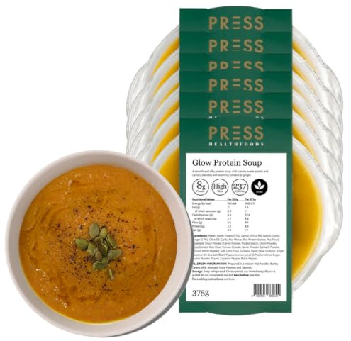 PRESS Healthfoods Sweet Potato & Carrot Soup 6x375g |High Protein & Vegan | High fibre vegan soup with turmeric & ginger - 237 calories, smooth & creamy, 6-pack