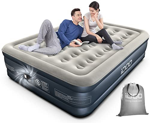 iDOO King Inflatable Mattress, Air Bed with Built-in Electric Pump, Double Queen Size Blow Up Mattress, 3 Mins Self-Inflation/Deflation Airbed, Guest Air Mattress for Home Camping Travel 203x152x46cm