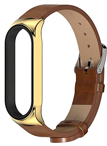Kompatibel Mit Xiaomi Mi Band 5 Armband Lederarmband Mi Band 6 Ersatzarmband Leder Replacement Armband Mi Band 5/6 Metall Edelstahl Stoßfeste Schutz Uhrenarmband (Goldbraun,Mi band5/6)