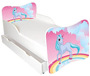 AS-TOR Kinderbett Jugendbett Wiki 80x160 mit Matratze und Schublade - Bett Schlafzimmer Kindermöbel Kinderbetten für Mädchen und Junge, Hochwertige Möbelplatte, Solide und Sicher, Einhorn