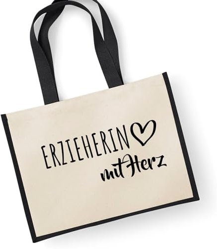 Huuraa Jutetasche Erzieherin mit Herz Geschenk 21 Liter Black Jute und Baumwolle Erzieherin Geschenkidee