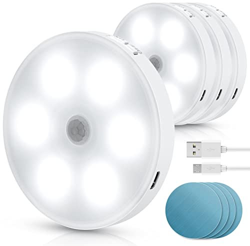 Aigostar 4 Stück 6500K Nachtlicht Kinder mit Bewegungsmelder, Selbsthaftende Schrankbeleuchtung Aufladbar USB, 0.5W Nachtlampe für Kinderzimmer, Schlafzimmer, Treppe, Flur, Badezimmer, Küche