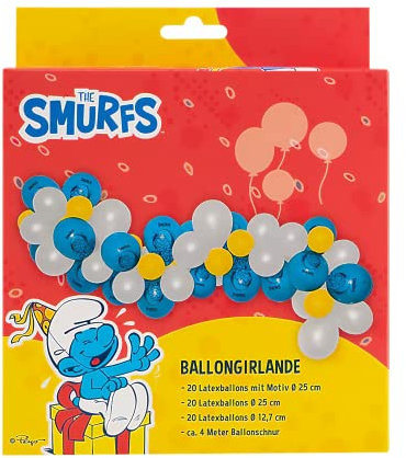 Party Factory `Schlümpfe´ Ballongirlande aus 60 weißen, blauen und gelben Latexballons, Ø25 und 12cm, inklusive 4m Ballonband