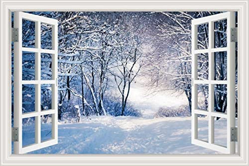 MUMUWUSG Adesivo Murale Finestra 3D Bianco Neve Piante Alberi Adesivo Murale Finto Finestra 3D Decalcomanie Rimovibili Buccia E Bastone Poster Da Parete Per Camera Da Letto 120X80Cm
