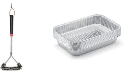 Weber 6278 45 cm Three-Sided Grill Brush, Black/Silver & 6415 Drip Pans 10-Piece, Small, Silver