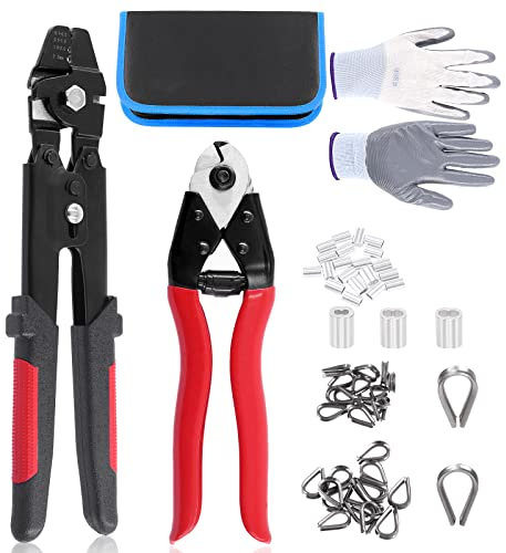 Glarks Lot de 83 outils à sertir pour câble métallique jusqu'à 2,2 mm et coupe-câble, manchons à sertir en aluminium et dés à coudre en acier inoxydable avec gants anti-coupure (noir)