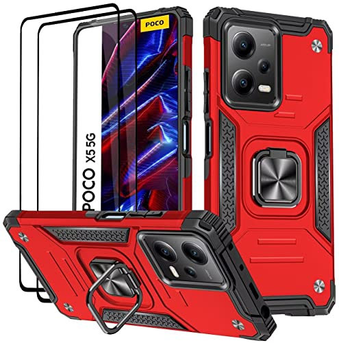 KANSi Funda para Xiaomi Redmi Note 12 5G / Poco X5 5G, Cristal Vidrio Templado [2 Piezas] Capa Anillo iman Soporte Hard PC y Silicona TPU Antigolpes Armor Carcasa - Rojo