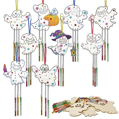 WEDNOK 9 Stück Gespenst Windspiel Bastelset Halloween Geister Basteln Kinder Holz Ghost Bastelhandwerk zum Bemalen Holzbastelset Klangspiel Kreativsets für Mädchen Junge Halloween