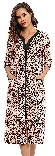 Verve Jelly Women's 3/4 Sleeve Robes Leopard Print Nightgowns Loose Housecoat Zip Front Loungewear Dress Duster with Pockets Leopard L