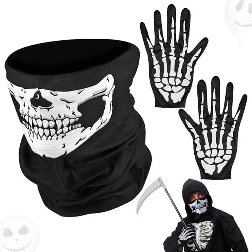 Masque Squelette et Gants Blancs pour Halloween - Tête de Mort pour Adulte et Enfant - Accessoires de Déguisement pour Soirée Costumée et Carnaval