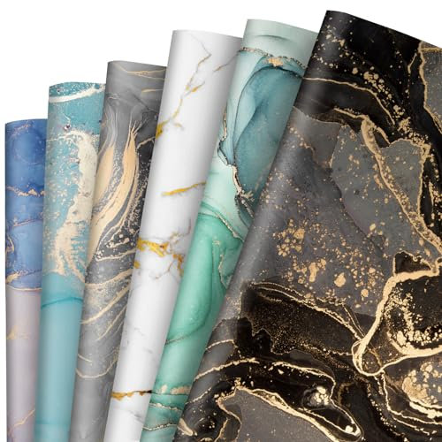 Whaline 12 Blatt Marmor-Geschenkpapier, 6 Designs, buntes Geschenkpapier, gefaltet, flach, Bastelkunstpapier für Hochzeit, Geburtstag, Party, Dekoration, Geschenkzubehör, 50 x 70 cm