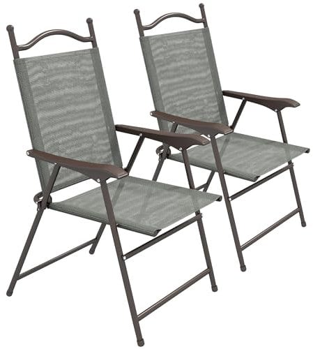 Outsunny Folding Chairs Set of 2, Garden Chair with Armrest, Breathable Mesh Fabric Seat, Camping Sports Chairs for Adults, Dark Grey