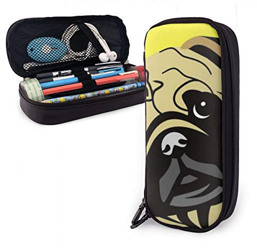 SJOAOAA Federmäppchen aus Leder, niedlicher Cartoon-Mops, Ballon, Gelbes Federmäppchen mit großem Fassungsvermögen, Federmäppchen mit Reißverschluss, großes Fassungsvermögen, Stift Ca, siehe