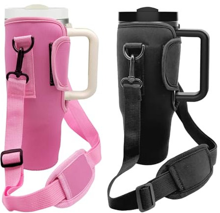 UILYNIU 2 Pack Stanley Cup Water Bottle Carrier Bag with Shoulder Strap - 40 oz Water Bag Pouch with Adjustable Shoulder Strap for Walking, Hiking, Camping (2 Color)