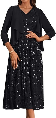 GRACE KARIN Damen Elegant Chiffon Abendkleid V-Ausschnitt Maxiang Formell Zweiteiliger Cocktailkleid Glitzende Hochzeitkleid Brautjungfer Herbst Winter Kleid Schwarz 44