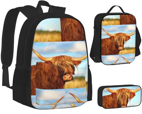JUANYQME Highland Cow Rucksack, 3-teiliges Set, Büchertasche, Federmäppchen, Lunch-Tasche, Kombination für Damen und Herren, Schwarz , One size