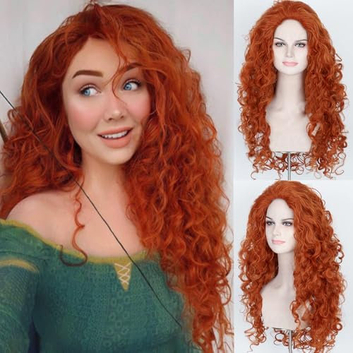 PORSMEER Lange lockige Orange Perücke Cosplay Rote Perücke für Halloween Prinzessin Merida Kostüm