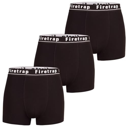 Firetrap Mens 3 Pack Designer Boxer Shorts, Underwear Gift Set Trunks Comfortable Stretch Cotton Plain Colours Mens Briefs All Black L