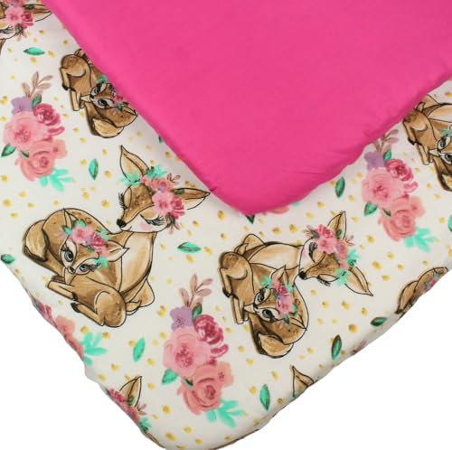 2-teiliges Spannbettlaken für Baby, Kleinkind, Kind, 100 % Baumwolle, superweich, mit schönem magentafarbenem Hirschmuster, für Kinderbett, kompatibel mit Chicco Next2Me, Tutti Bambini Cozee, 55 x 90
