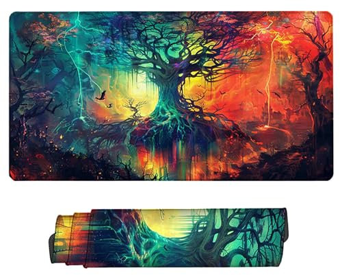 Tapis de Souris Forêt Tapis de Souris Gamer XXL (1500x800x3MM), Étanche Base en Caoutchouc Antidérapante Tapis de Bureau Noir Mouse Pad avec Bords Cousus pour Jeux, Bureau et Maison, Cadeau G-E