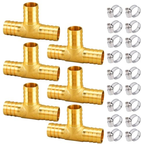 6 Stück 10mm T Stück Schlauchtülle, Messing T Verbindungsstück, 3 Wege Schlauchtülle, T Schlauchverbinder, T-förmige Schlauch Fittings mit 18 Klemmen, für Luft, Wasser, Öl, Schlauch