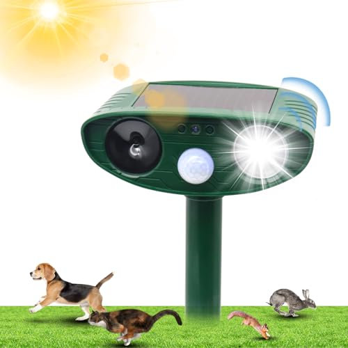 Animal repellent, a solar powered device that effectively drives away cats, foxes, and birds, equipped with PIR remote sensors and LED lights