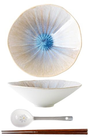 Wovella 7.5 Inch Ramen Bowl Set Japanese Noodle Bowls Ceramic Soup Bowl with Spoon and Chopsticks Elegant Design for Salad Soup Pasta(One Pack)