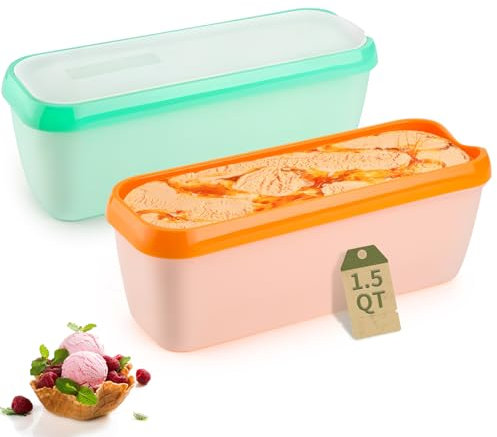 Nymblis Rectangular Ice Cream Tubs, 1.5L Ice Cream Container with Lid, Reusable Freezer Food Storage Containers for Homemade Gelato, Sorbet, Frozen Yoghurt(2 Pack, Orange & Mint Green)
